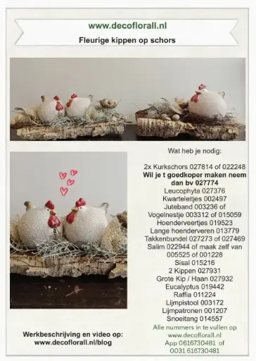 [A-027957] Fleurige kippen op schors makkelijk paasstuk Stel zelf je pakket samen